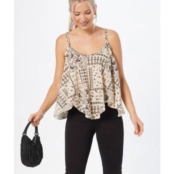 Free People Hey Girl Paisley Tan Strappy Handerkerchief Crop Top NWT Sz. M - Picture 1 of 5